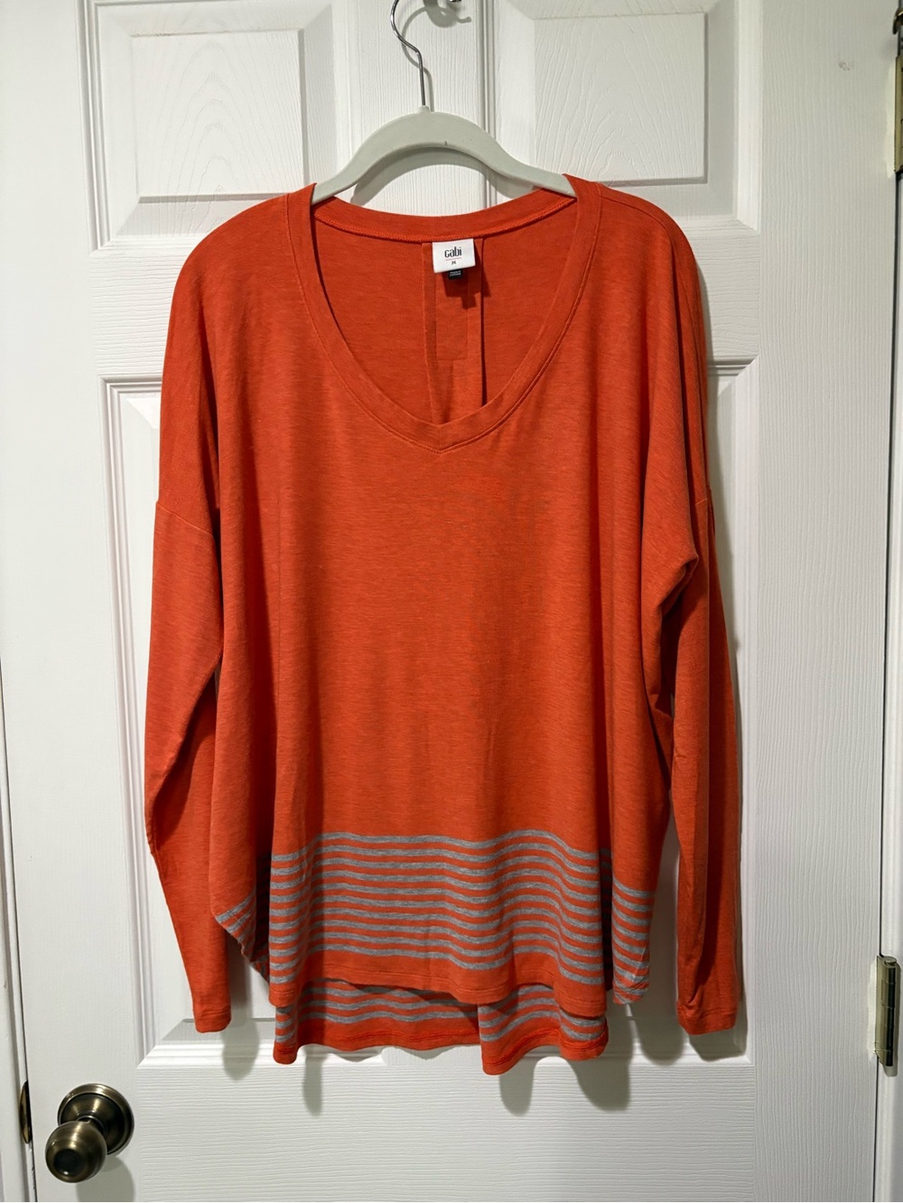 CAbi Orange V-Neck Sweater with Gray Stripe Hem Style 4190